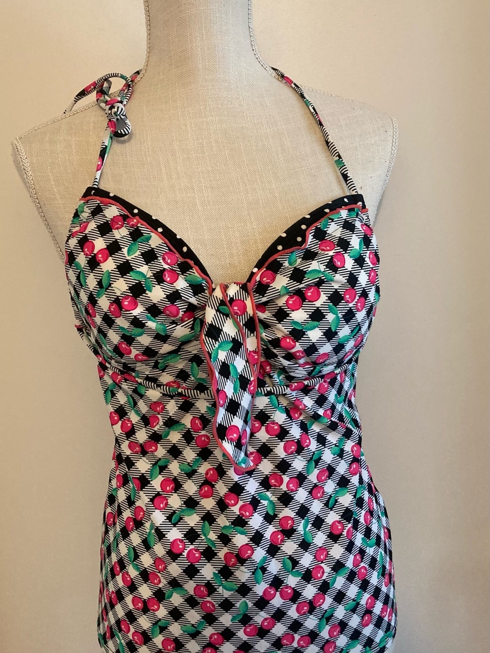 Retro Cherry Print Halter Tankini Top - Pink, Green, Black
